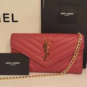 Yves Saint Laurent Red Quilted Leather Chain Wallet